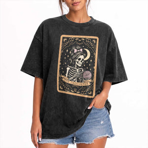 The Crocheter Skeleton Washed Cotton T-Shirt Crochet Lover Gift Tarot Card Graphic