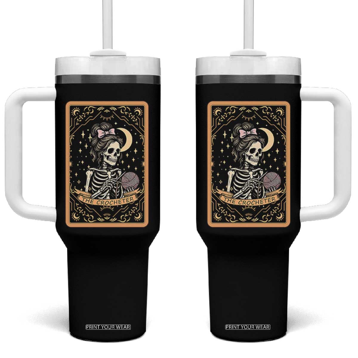 The Crocheter Skeleton Tumbler With Handle Crochet Lover Gift Tarot Card Graphic TS12 One Size: 40 oz Black Print Your Wear