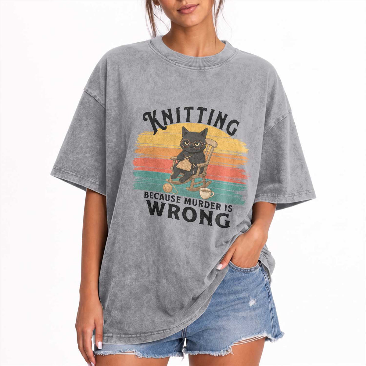 Funny Black Cat Washed Cotton T-Shirt Knitting Because Murder Is Wrong Gift