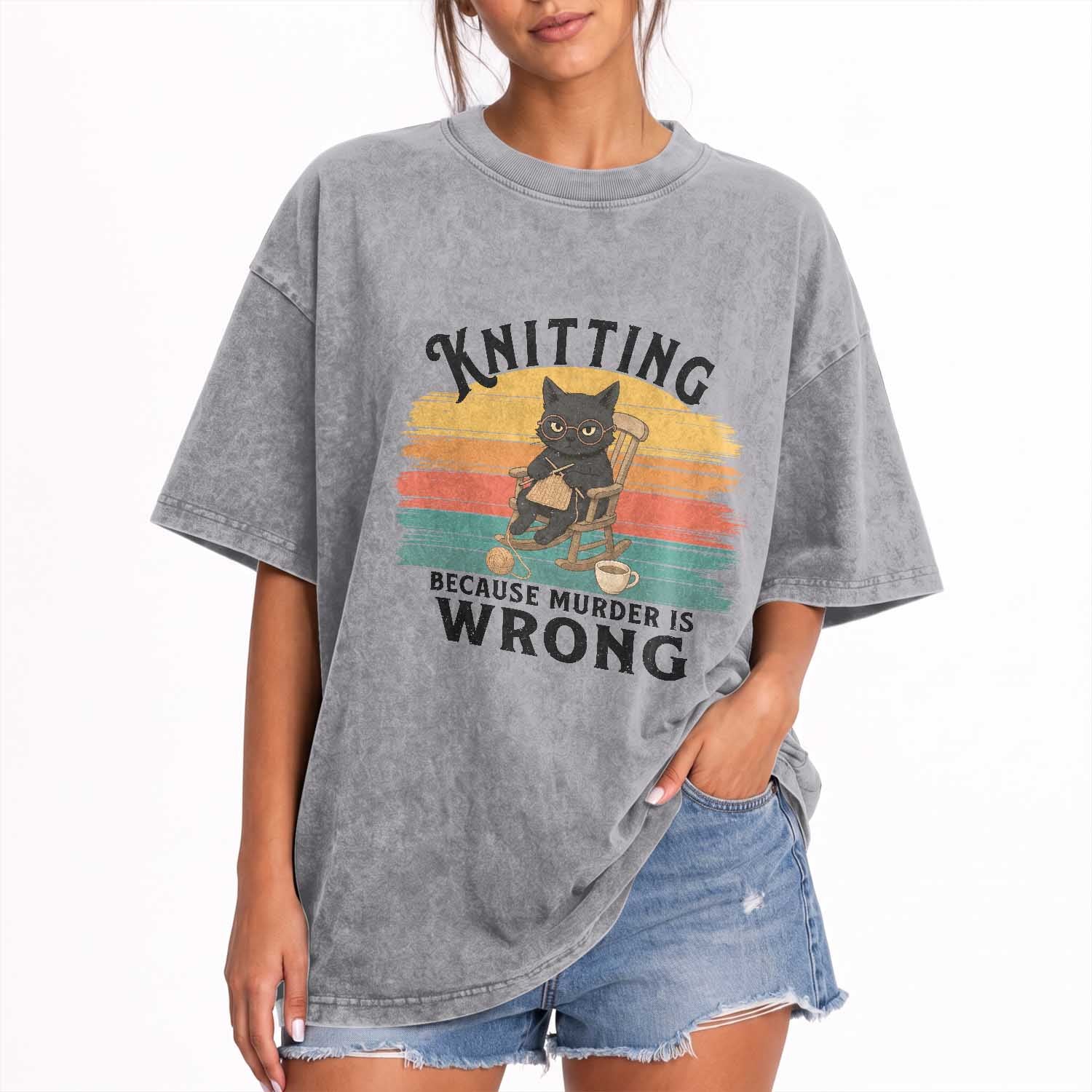 Funny Black Cat Washed Cotton T-Shirt Knitting Because Murder Is Wrong Gift