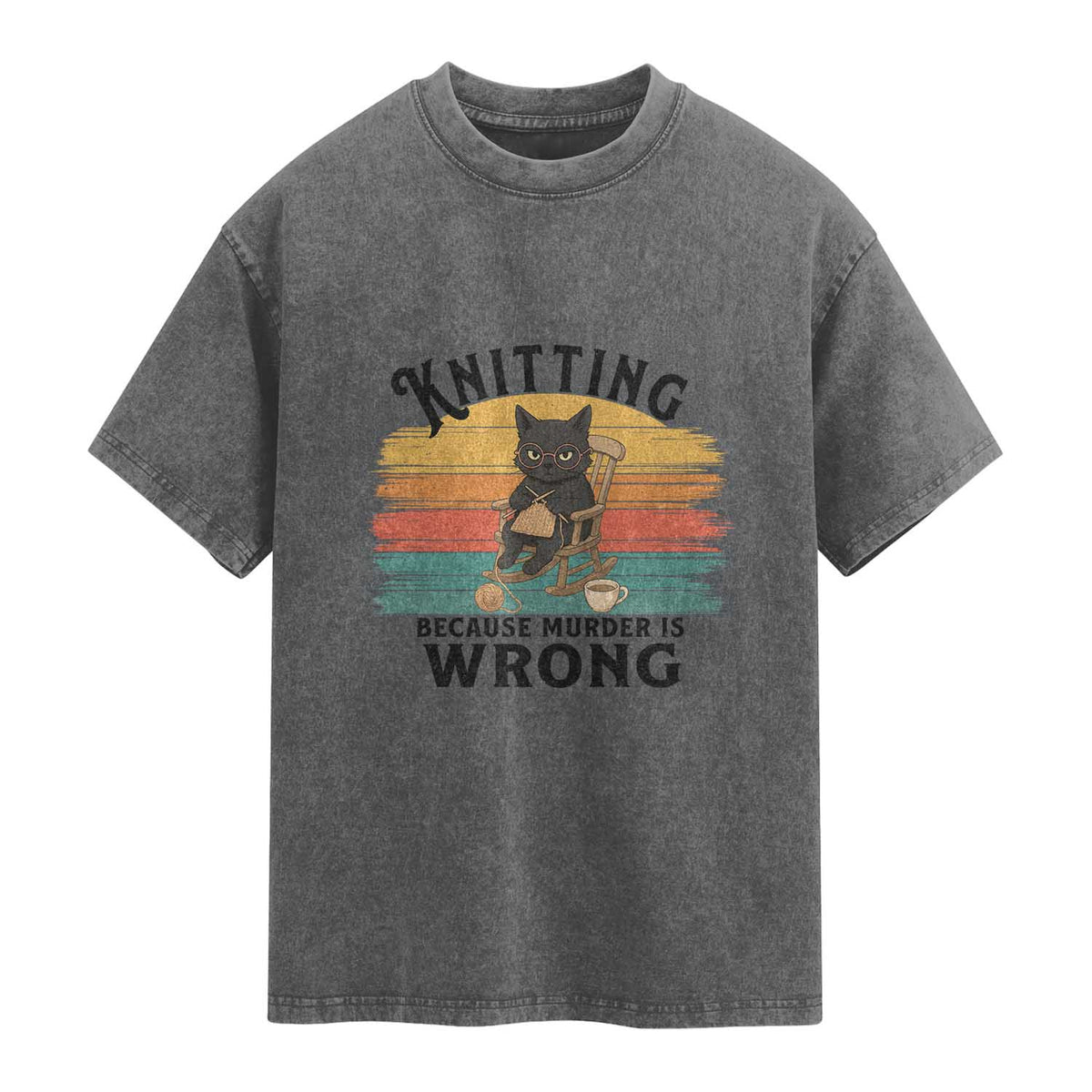 Funny Black Cat Washed Cotton T-Shirt Knitting Because Murder Is Wrong Gift