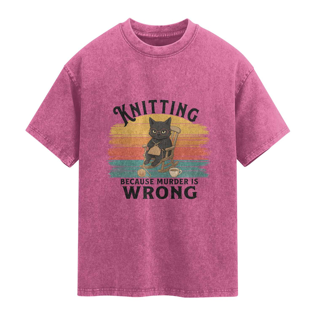 Funny Black Cat Washed Cotton T-Shirt Knitting Because Murder Is Wrong Gift