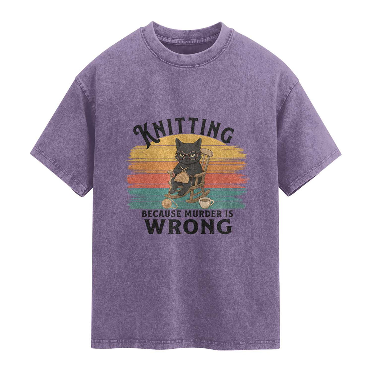 Funny Black Cat Washed Cotton T-Shirt Knitting Because Murder Is Wrong Gift