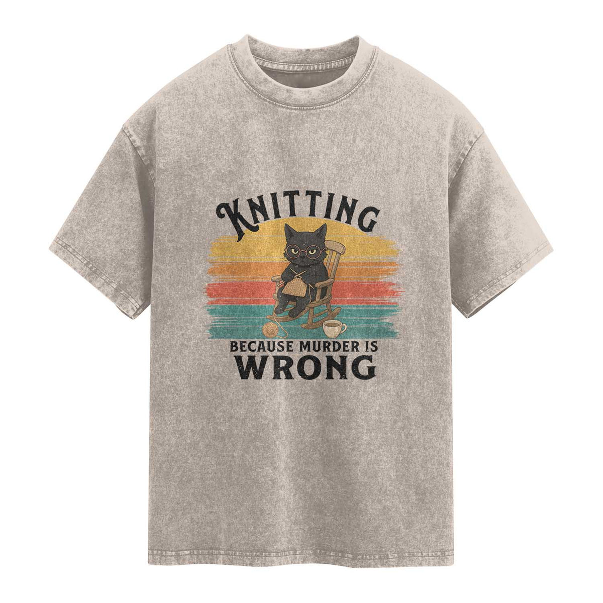 Funny Black Cat Washed Cotton T-Shirt Knitting Because Murder Is Wrong Gift