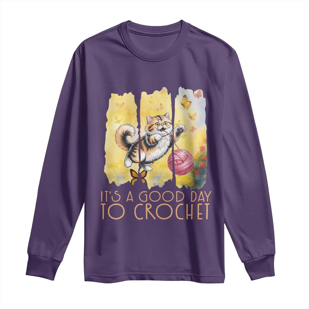 Its A Good Day To Crochet Long Sleeve Shirt Cute Cat Chasing Yarn TS12 Purple Print Your Wear