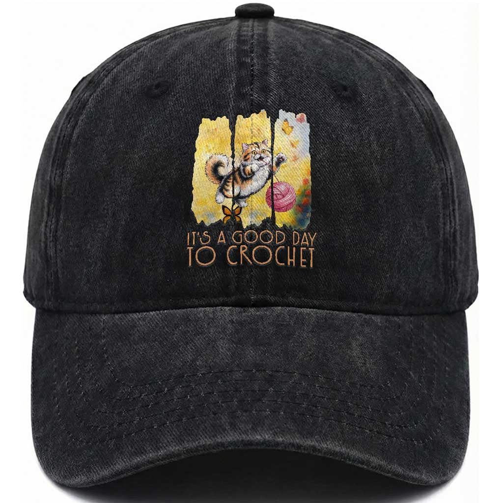 It’s A Good Day To Crochet Washed Cotton Baseball Cap Cute Cat Chasing Yarn TS12 Print Your Wear