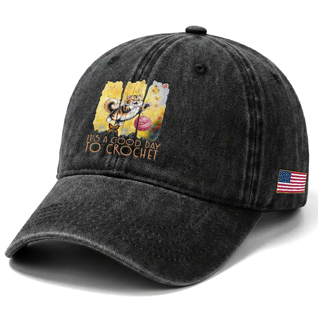 It’s A Good Day To Crochet Washed Cotton Baseball Cap Cute Cat Chasing Yarn TS12 Print Your Wear