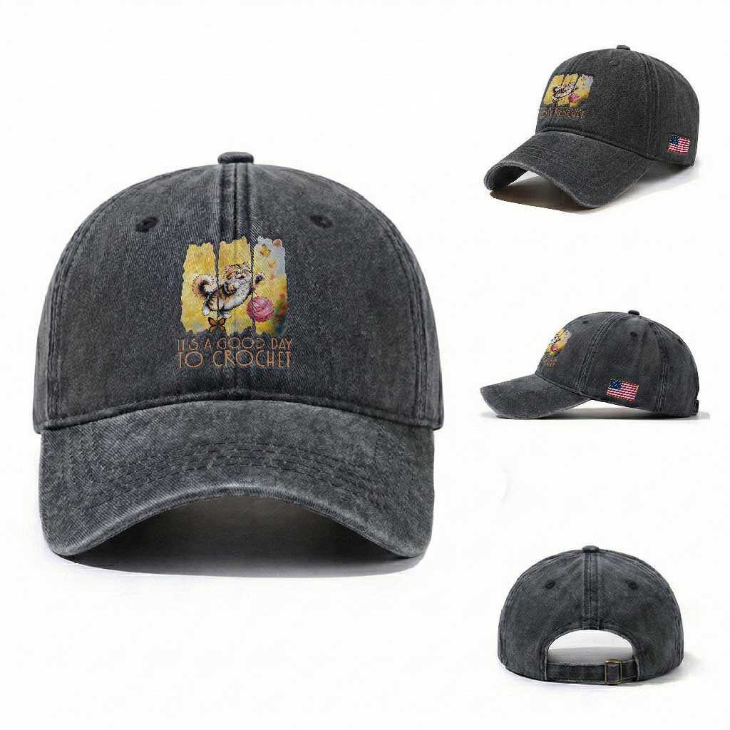 It’s A Good Day To Crochet Washed Cotton Baseball Cap Cute Cat Chasing Yarn TS12 Washed Cap Universal Fit Dark Gray Print Your Wear