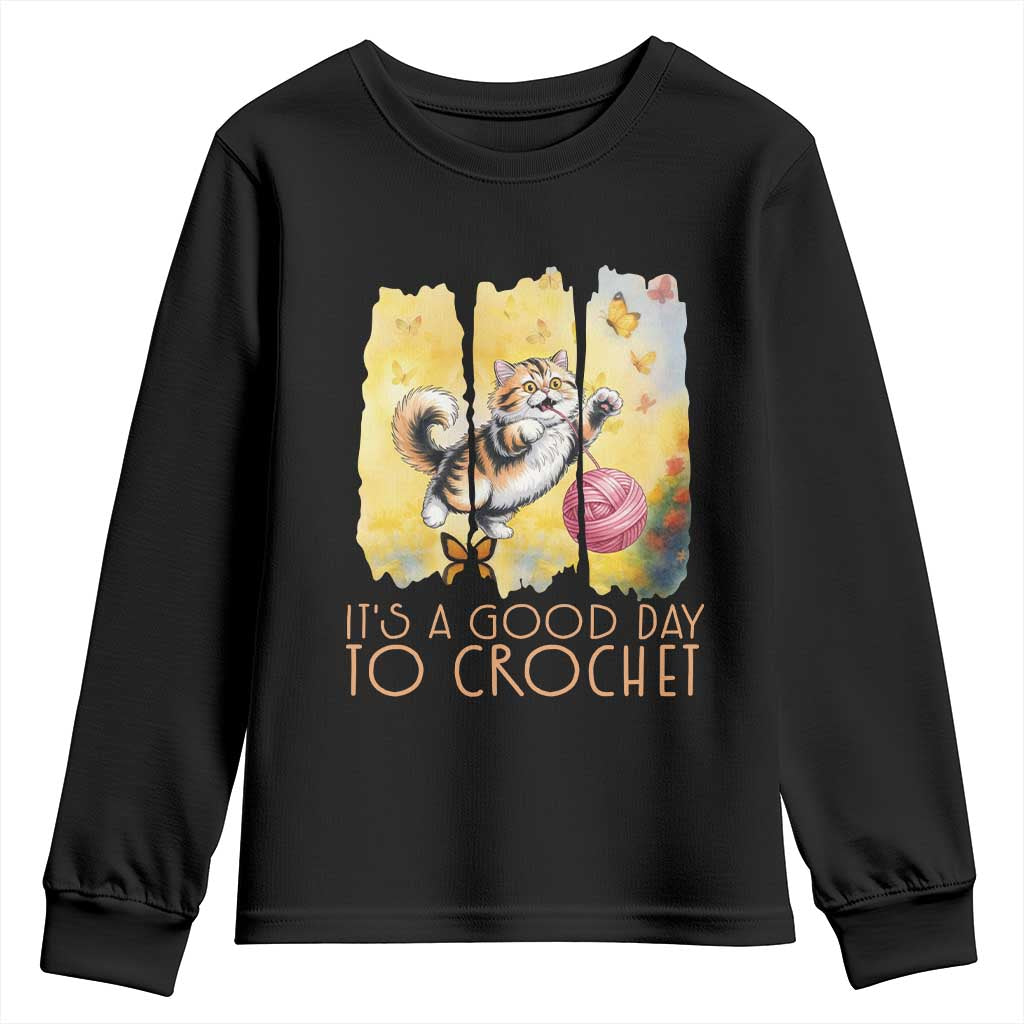 Its A Good Day To Crochet Youth Sweatshirt Cute Cat Chasing Yarn TS12 Black Print Your Wear