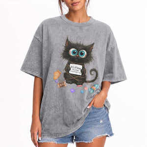 Funny Cat Crochet Lover Washed Cotton T-Shirt Its Fine I am Fine Everything Is Fine