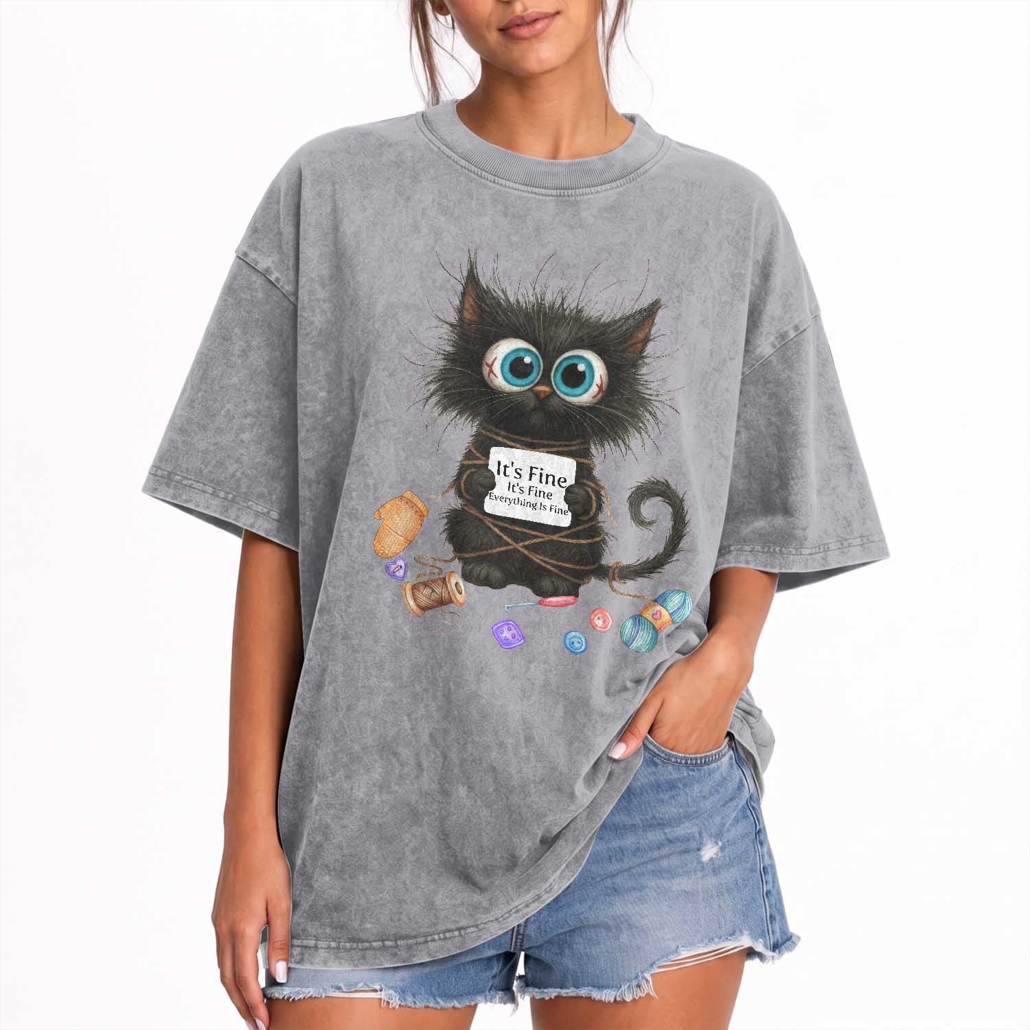 Funny Cat Crochet Lover Washed Cotton T-Shirt Its Fine I am Fine Everything Is Fine