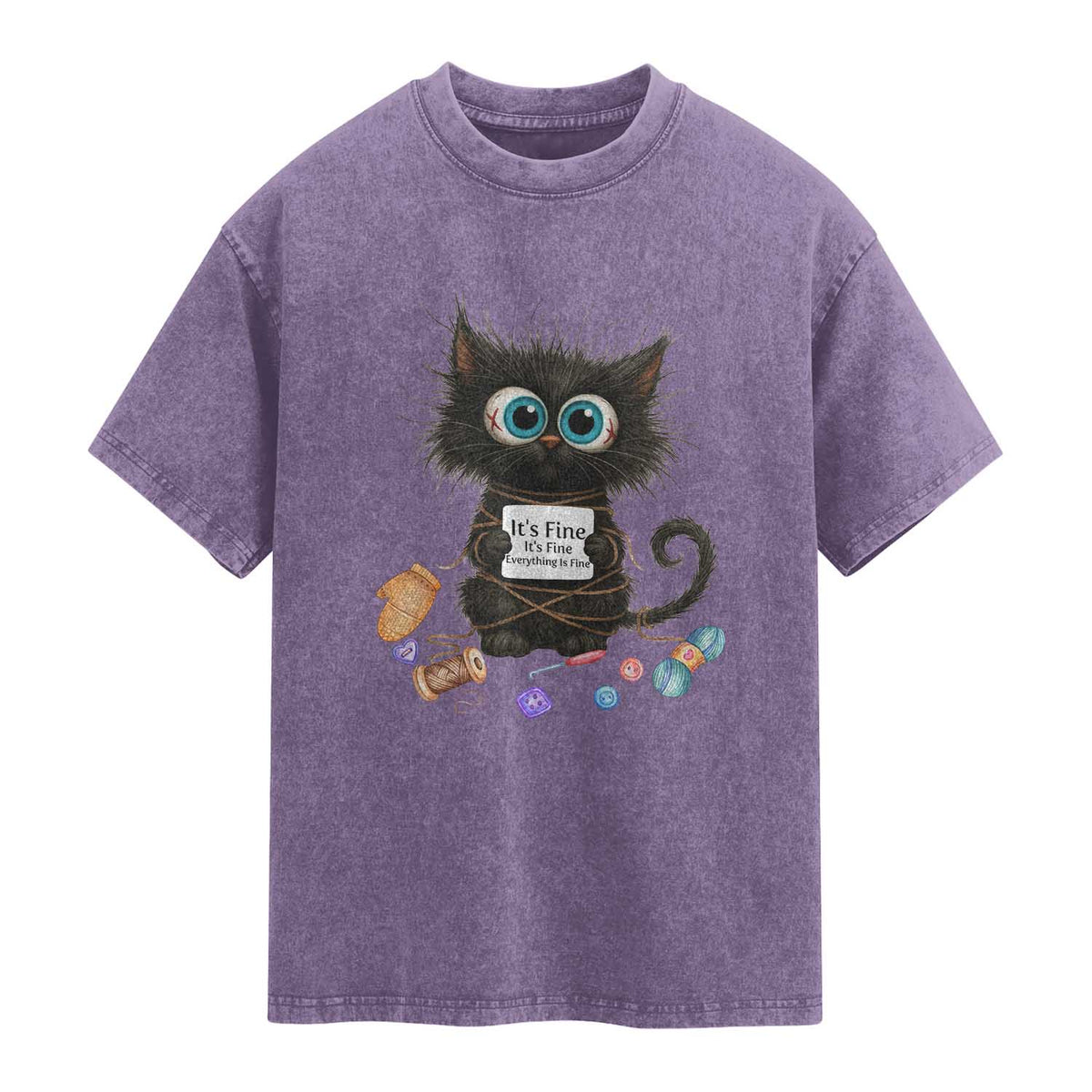 Funny Cat Crochet Lover Washed Cotton T-Shirt Its Fine I am Fine Everything Is Fine