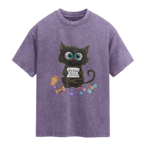 Funny Cat Crochet Lover Washed Cotton T-Shirt Its Fine I am Fine Everything Is Fine