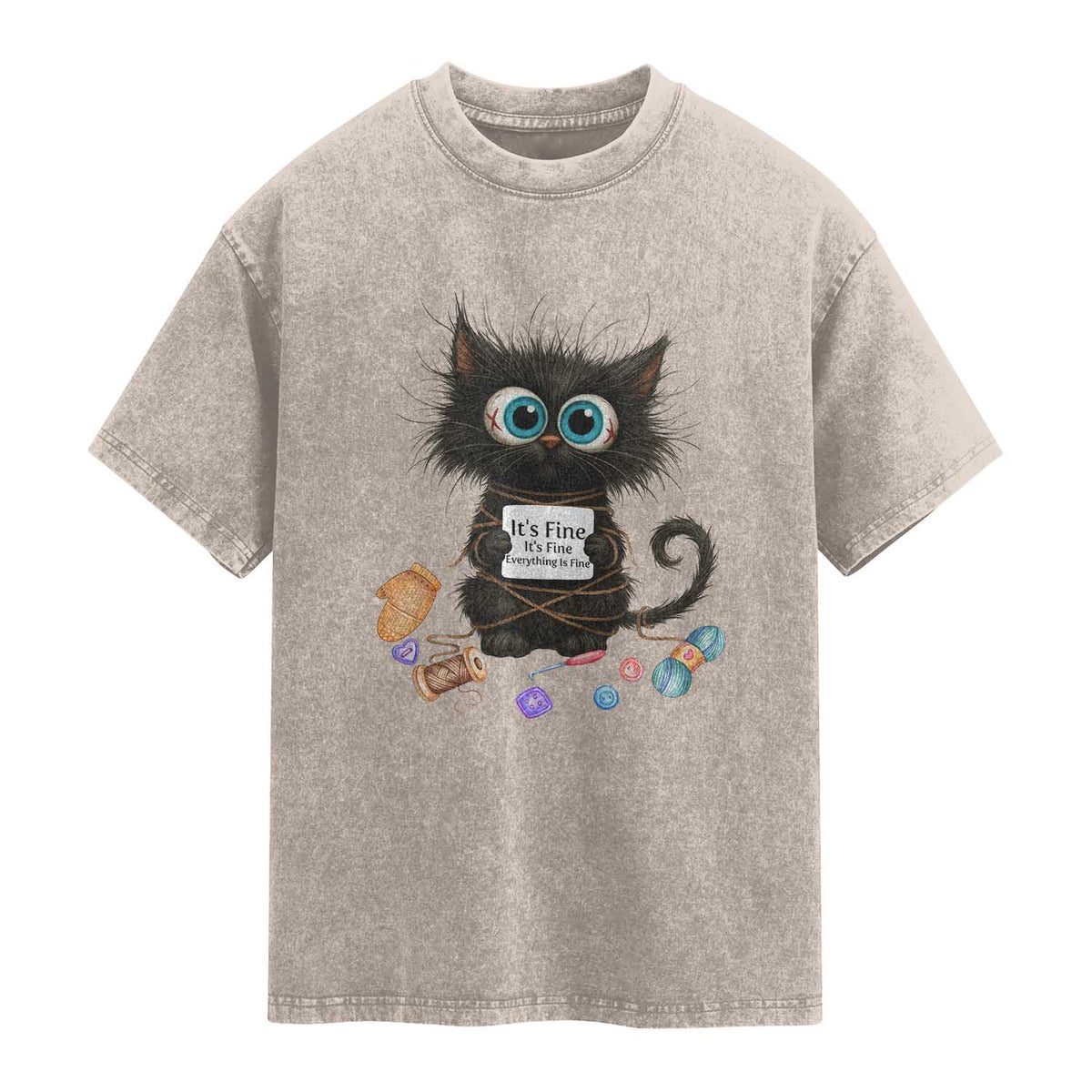 Funny Cat Crochet Lover Washed Cotton T-Shirt Its Fine I am Fine Everything Is Fine