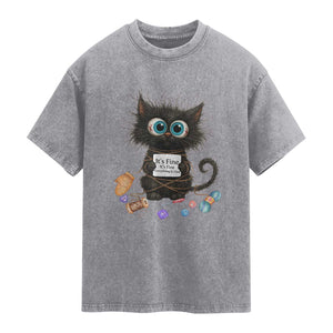 Funny Cat Crochet Lover Washed Cotton T-Shirt Its Fine I am Fine Everything Is Fine