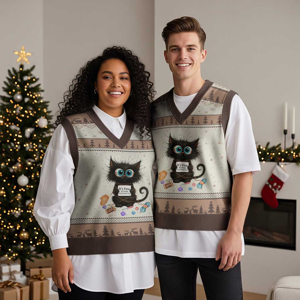 Funny Cat Crochet Lover V-Neck Knit Sweater Vest Its Fine I am Fine Everything Is Fine TS12 Mocha Mousse Print Your Wear