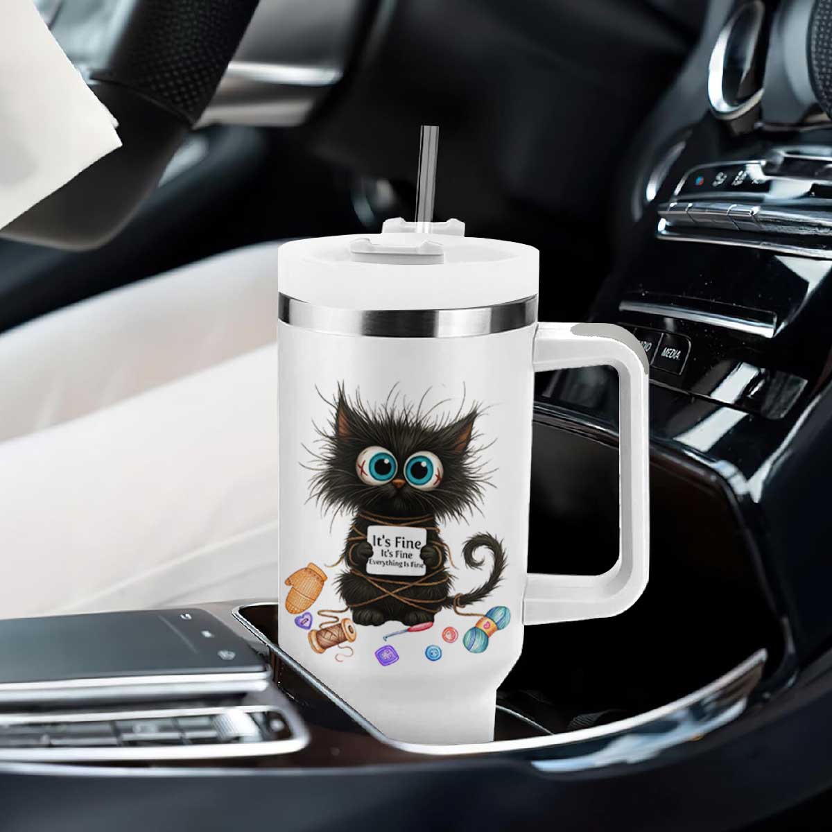 Funny Cat Crochet Lover Tumbler With Handle Its Fine I am Fine Everything Is Fine TS12 Print Your Wear