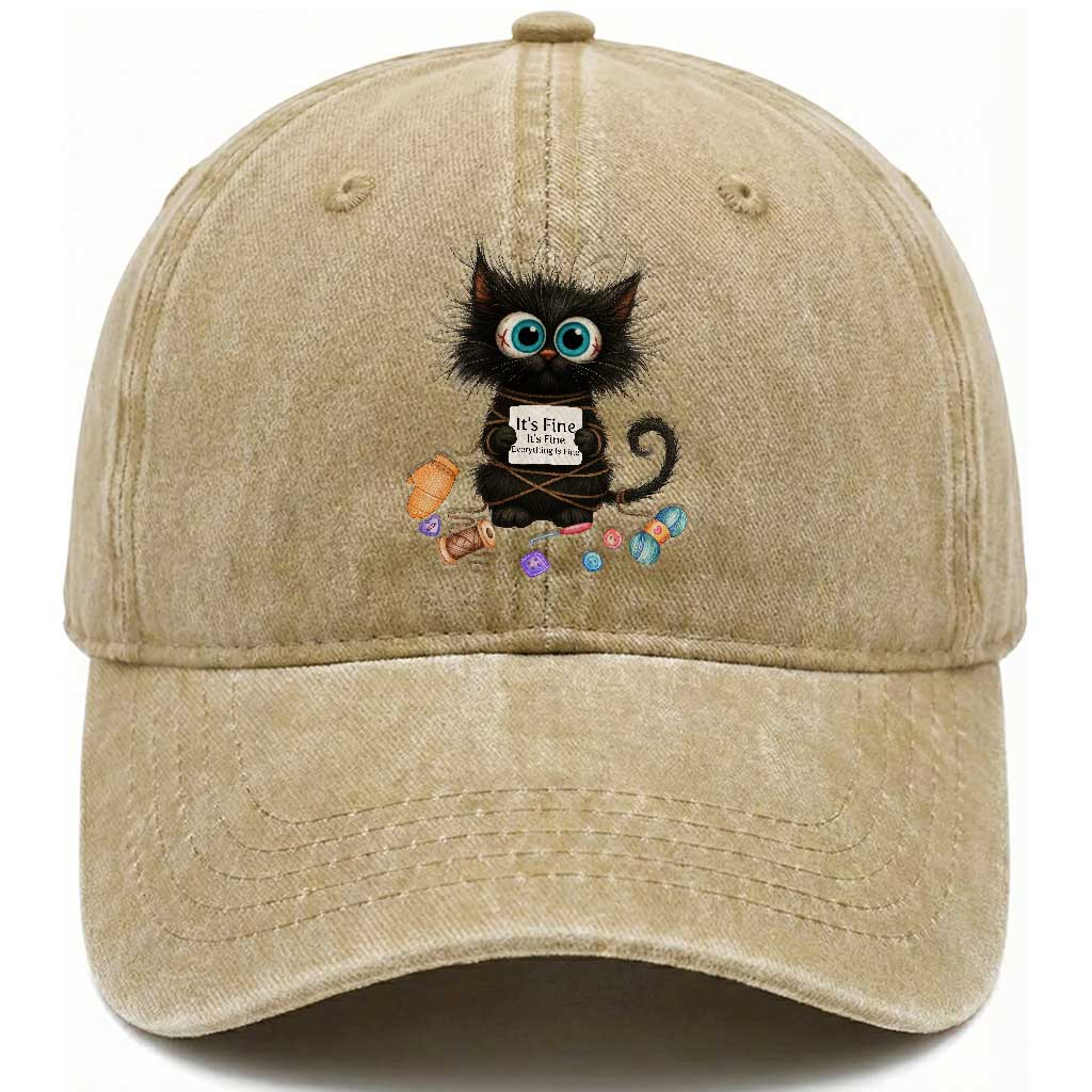 Funny Cat Crochet Lover Washed Cotton Baseball Cap Its Fine I am Fine Everything Is Fine TS12 Print Your Wear