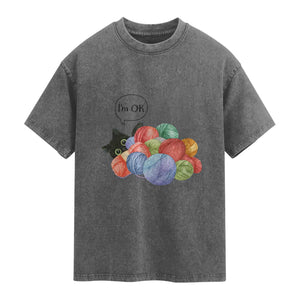 I’m OK Washed Cotton T-Shirt Cat Tangled In Yarn Funny Crochet Gift