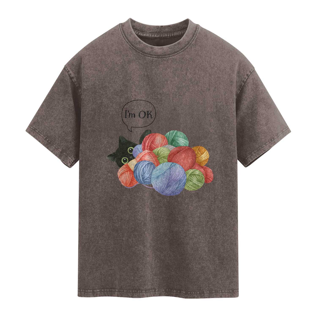 I’m OK Washed Cotton T-Shirt Cat Tangled In Yarn Funny Crochet Gift