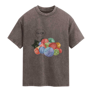 I’m OK Washed Cotton T-Shirt Cat Tangled In Yarn Funny Crochet Gift