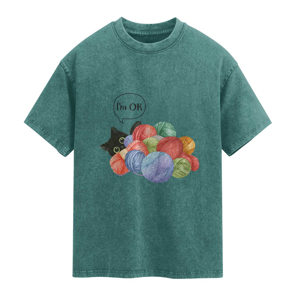 I’m OK Washed Cotton T-Shirt Cat Tangled In Yarn Funny Crochet Gift