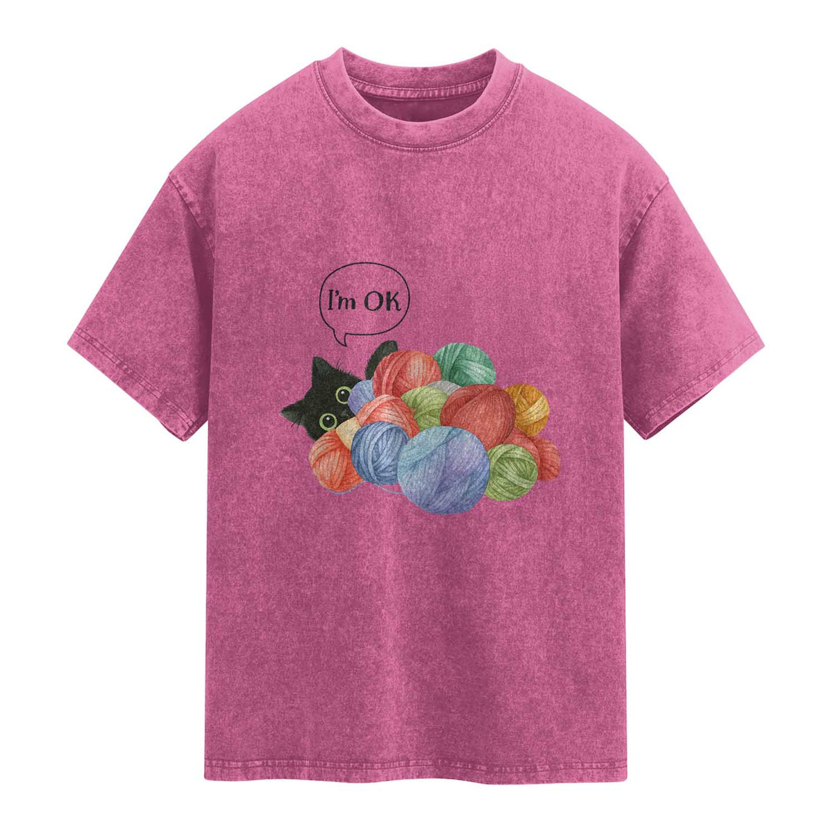 I’m OK Washed Cotton T-Shirt Cat Tangled In Yarn Funny Crochet Gift