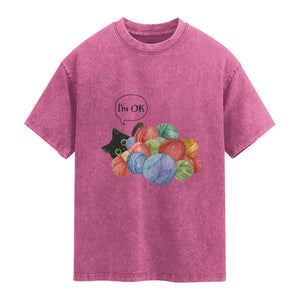 I’m OK Washed Cotton T-Shirt Cat Tangled In Yarn Funny Crochet Gift