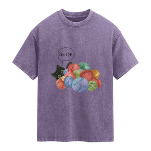 I’m OK Washed Cotton T-Shirt Cat Tangled In Yarn Funny Crochet Gift