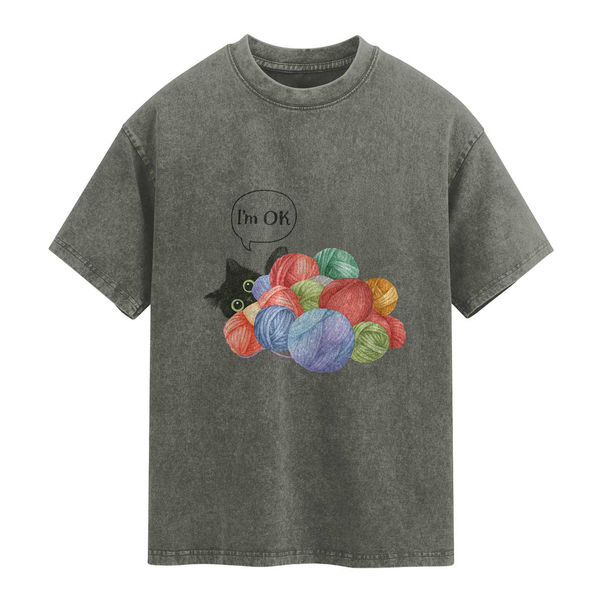 I’m OK Washed Cotton T-Shirt Cat Tangled In Yarn Funny Crochet Gift