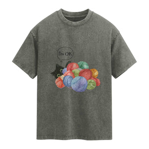 I’m OK Washed Cotton T-Shirt Cat Tangled In Yarn Funny Crochet Gift