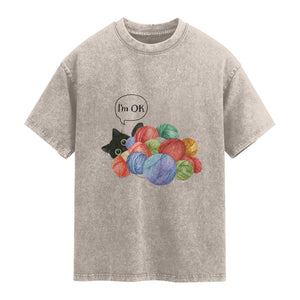I’m OK Washed Cotton T-Shirt Cat Tangled In Yarn Funny Crochet Gift