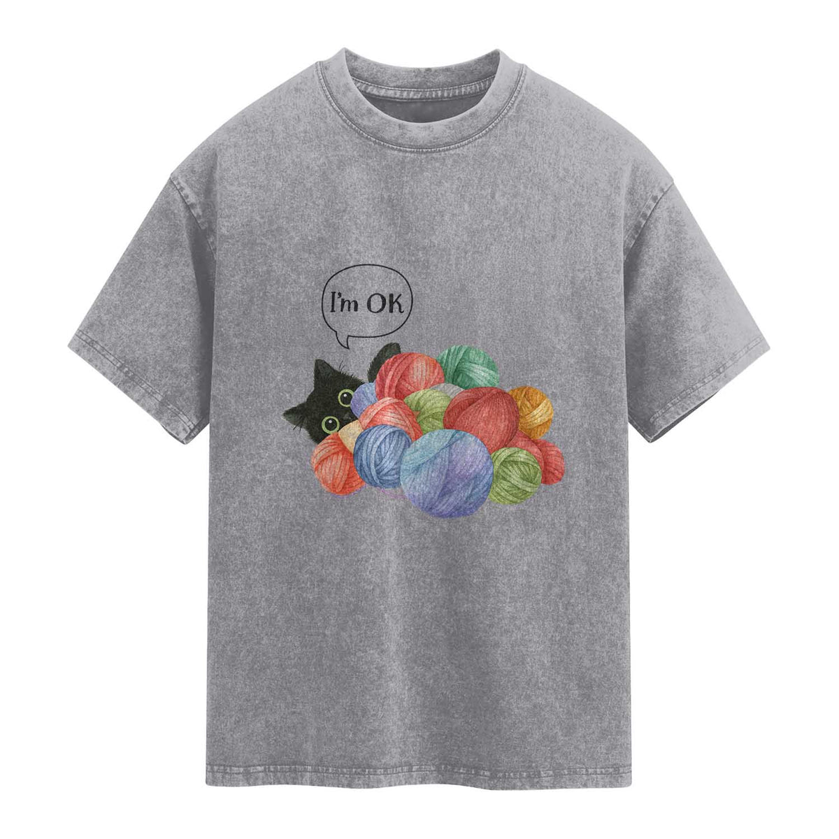 I’m OK Washed Cotton T-Shirt Cat Tangled In Yarn Funny Crochet Gift