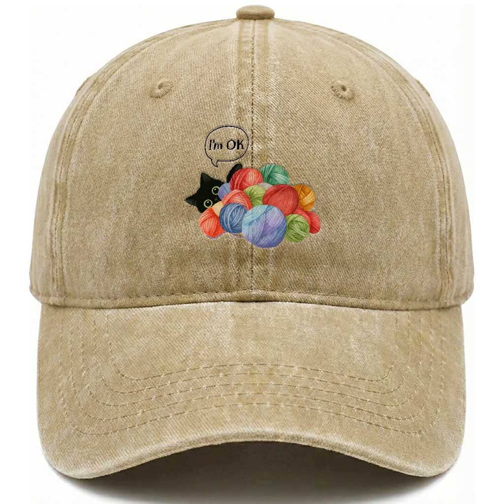 I’m OK Washed Cotton Baseball Cap Cat Tangled In Yarn Funny Crochet Gift TS12 Print Your Wear