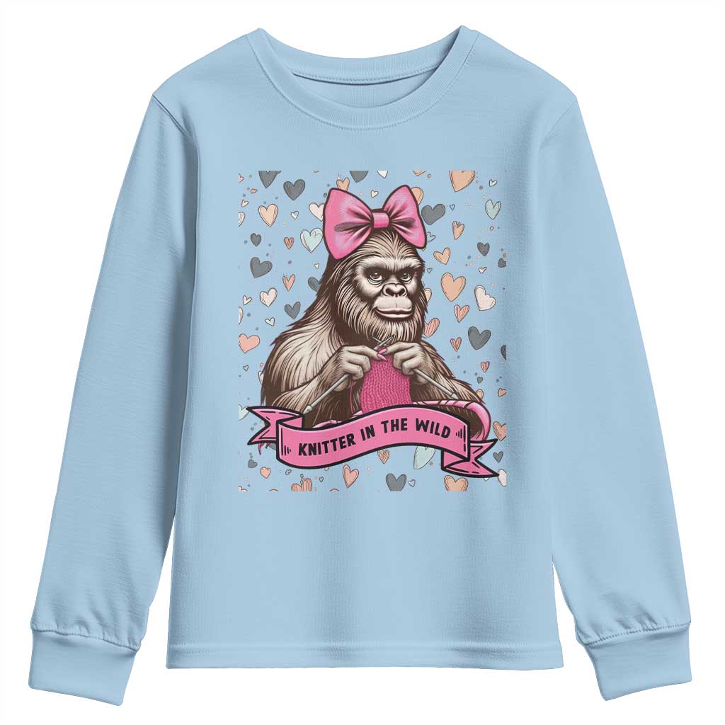 Funny Bigfoot Knitting Youth Sweatshirt Knitter In The Wild TS12 Light Blue Print Your Wear