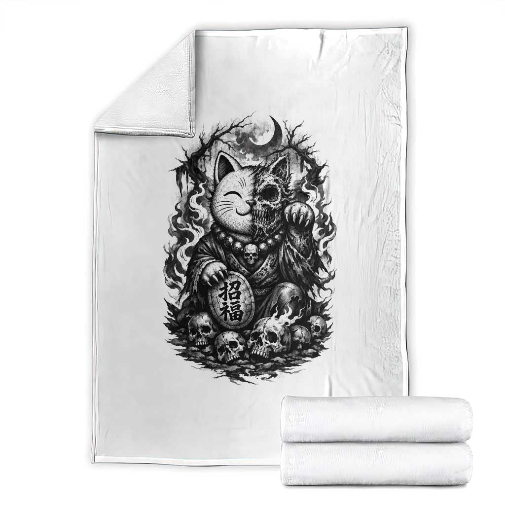 Creepy Maneki Neko Skull Throw Blanket Dark Gothic Japanese Horror