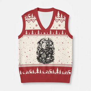 Creepy Maneki Neko Skull V-Neck Knit Sweater Vest Dark Gothic Japanese Horror