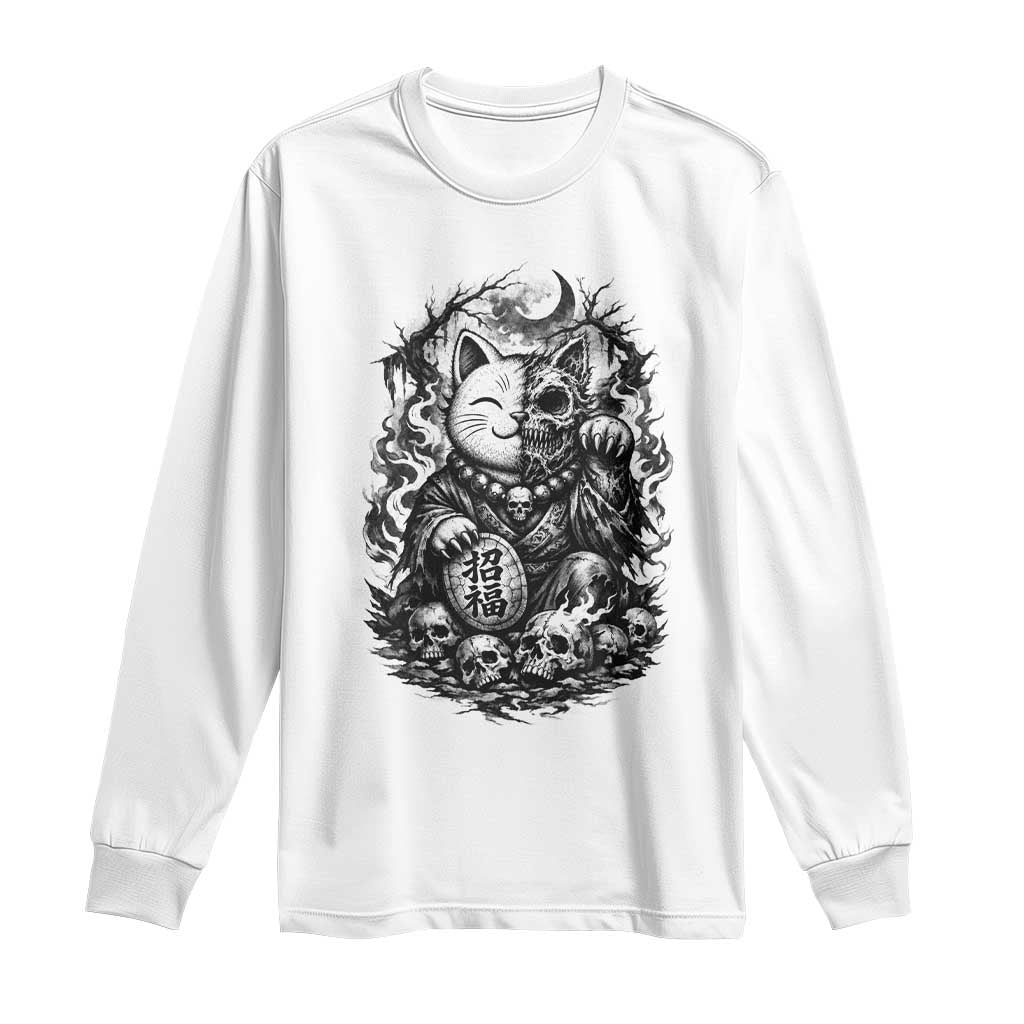 Creepy Maneki Neko Skull Long Sleeve Shirt Dark Gothic Japanese Horror