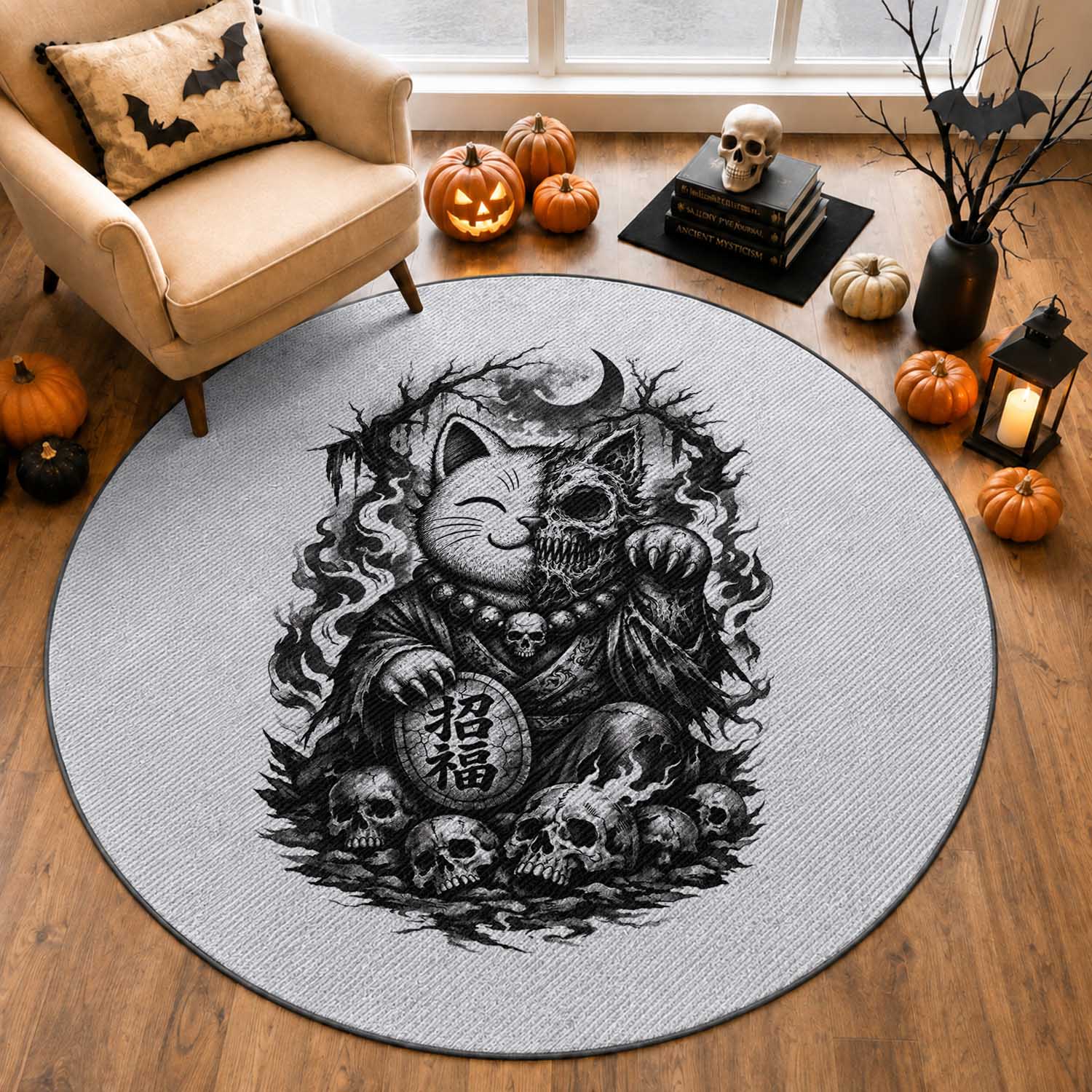 Creepy Maneki Neko Skull Round Rug Dark Gothic Japanese Horror