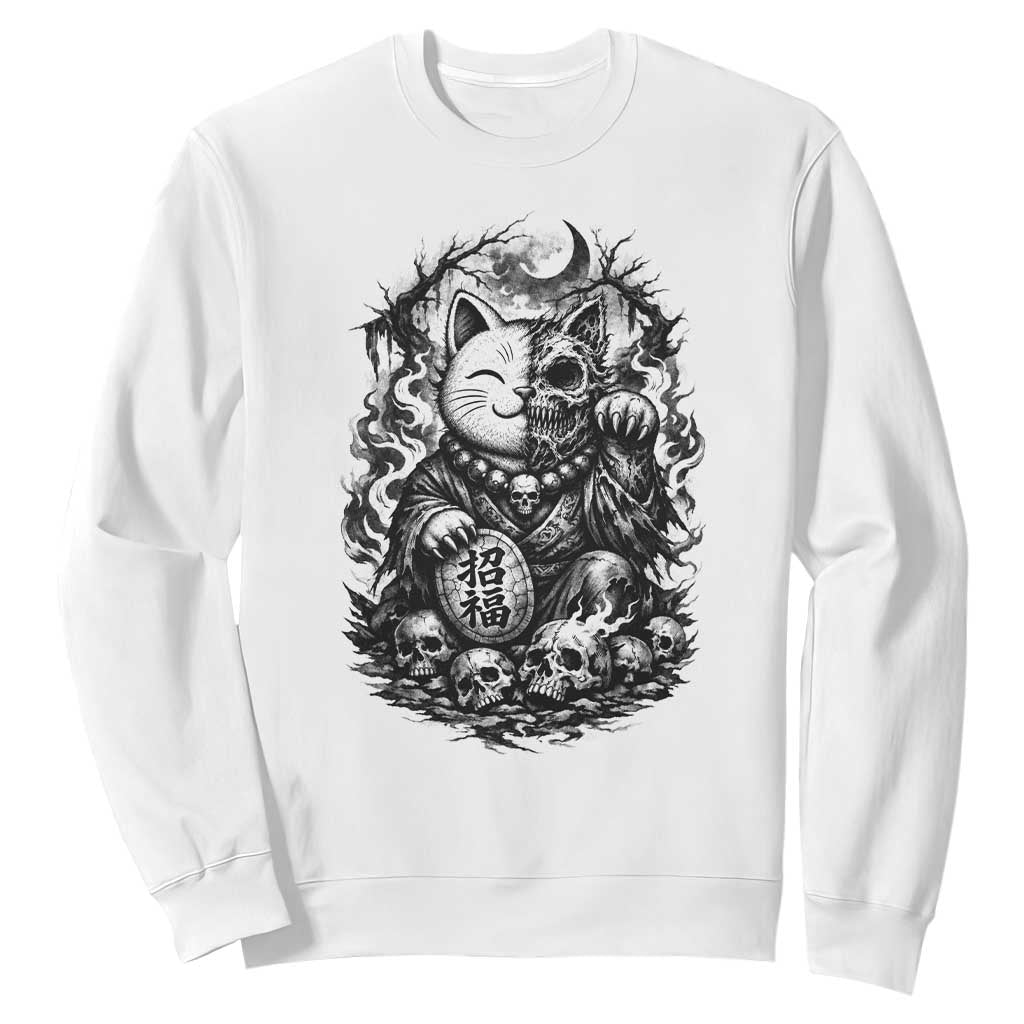 Creepy Maneki Neko Skull Sweatshirt Dark Gothic Japanese Horror
