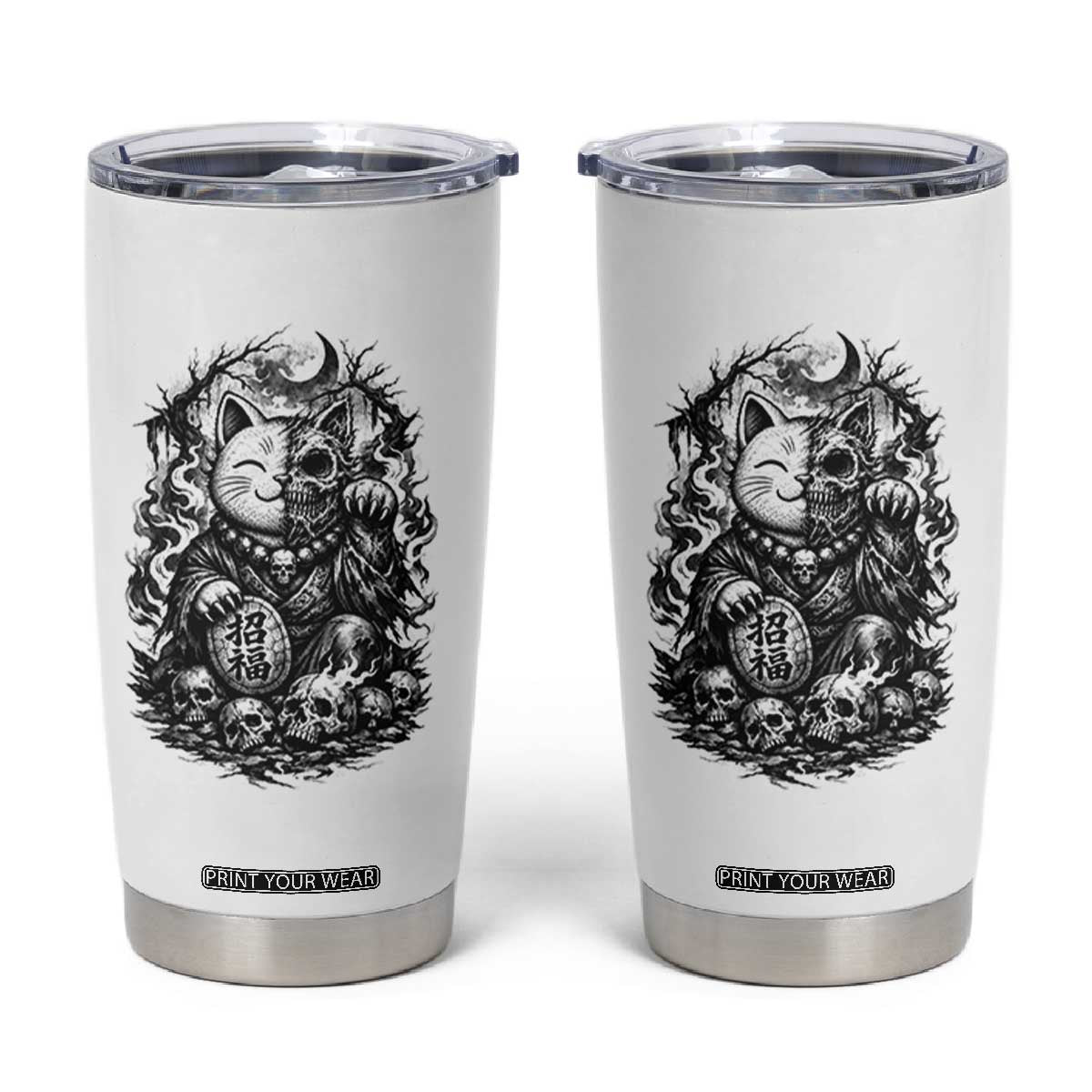 Creepy Maneki Neko Skull Tumbler Cup Dark Gothic Japanese Horror