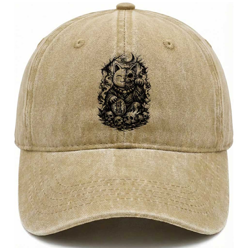 Creepy Maneki Neko Skull Washed Cotton Baseball Cap Dark Gothic Japanese Horror