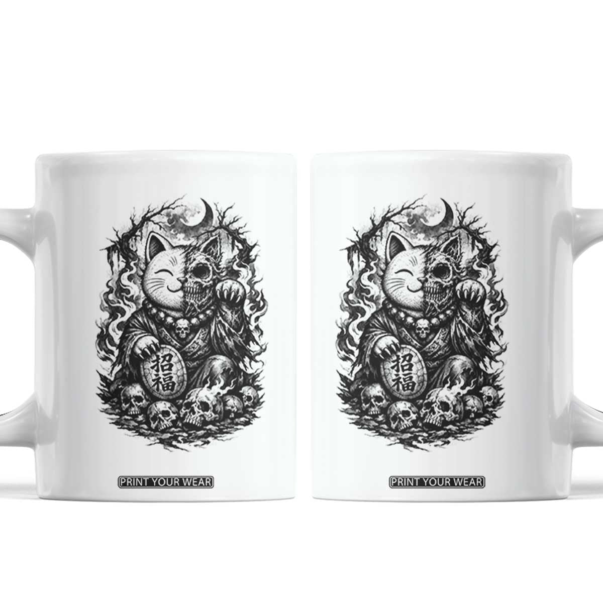 Creepy Maneki Neko Skull Coffee Mug Dark Gothic Japanese Horror