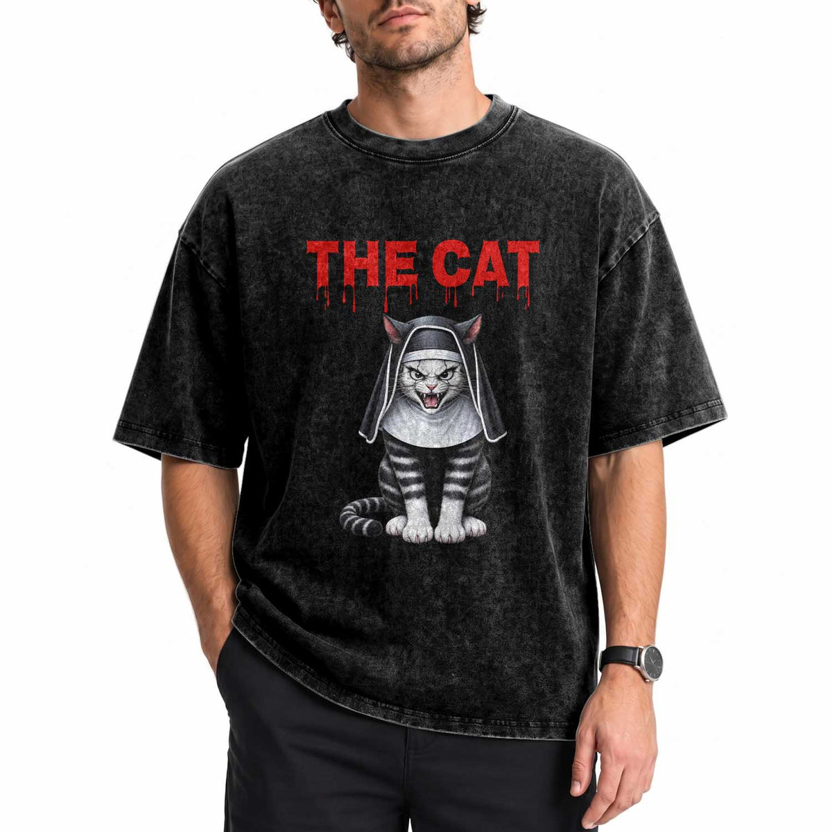 Scary Nun Cat Washed Cotton T-Shirt Creepy Horror Halloween Spooky Kitty