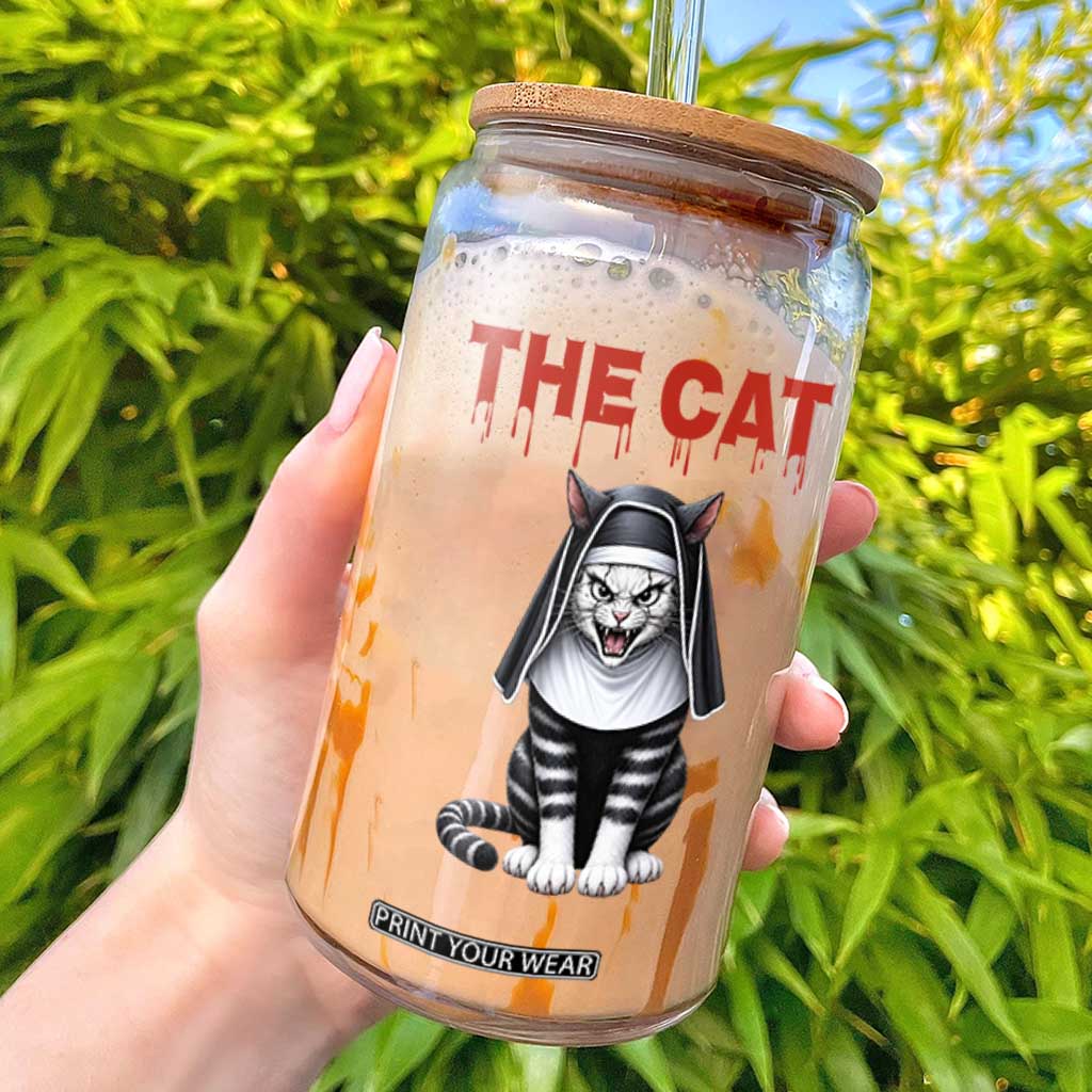 Scary Nun Cat Glass Can Creepy Horror Halloween Spooky Kitty