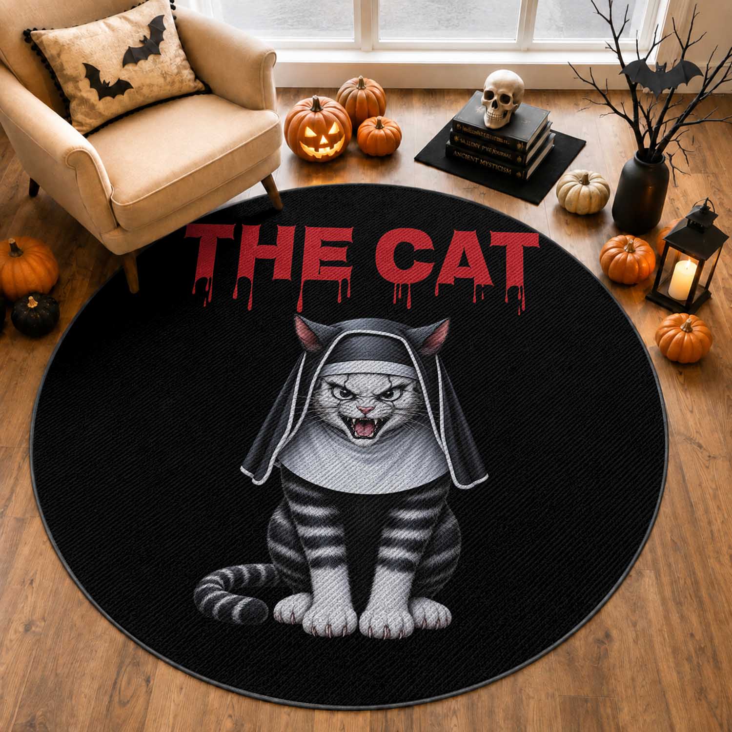 Scary Nun Cat Round Rug Creepy Horror Halloween Spooky Kitty