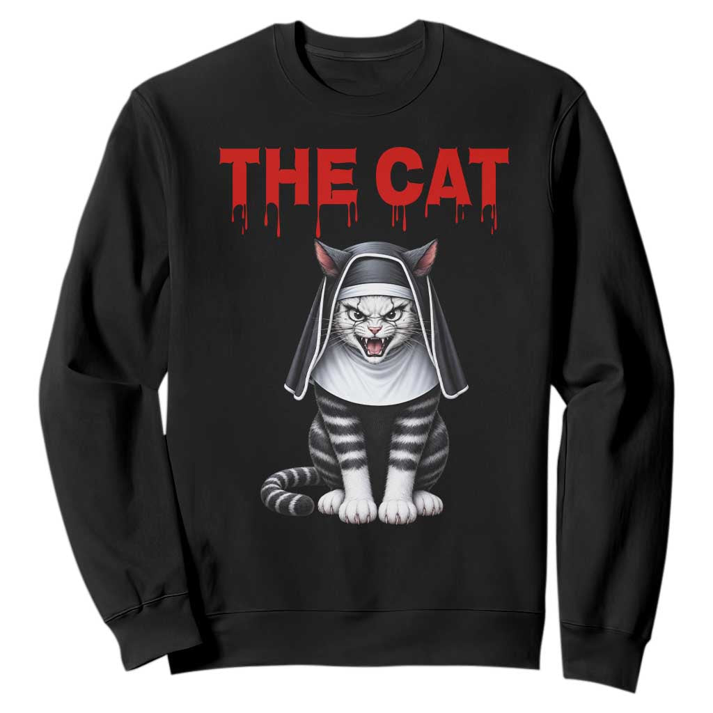 Scary Nun Cat Sweatshirt Creepy Horror Halloween Spooky Kitty