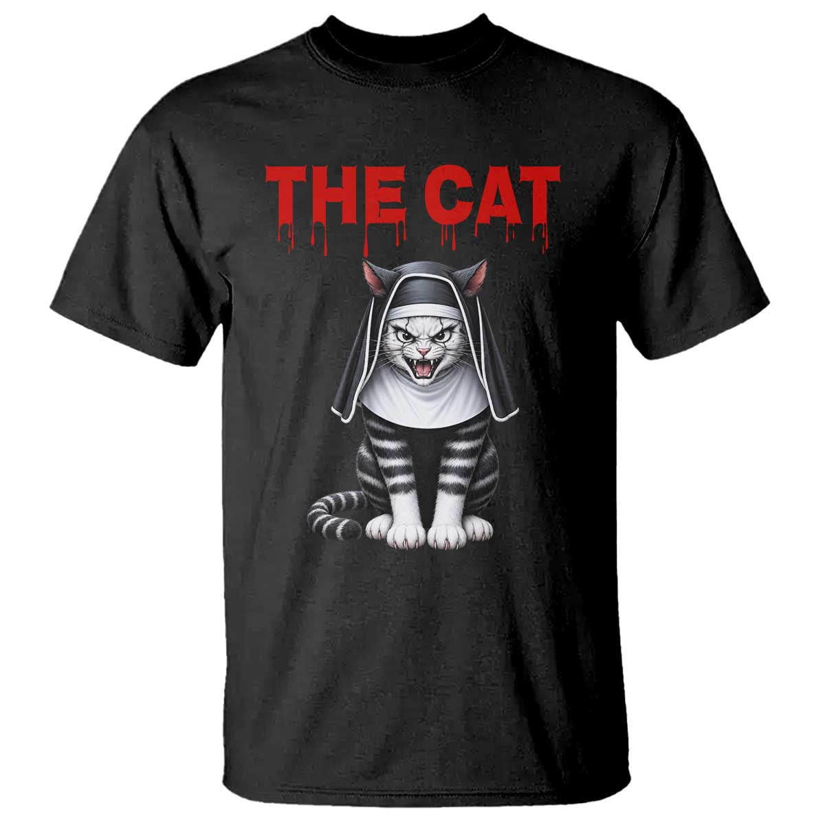Scary Nun Cat T Shirt Creepy Horror Halloween Spooky Kitty