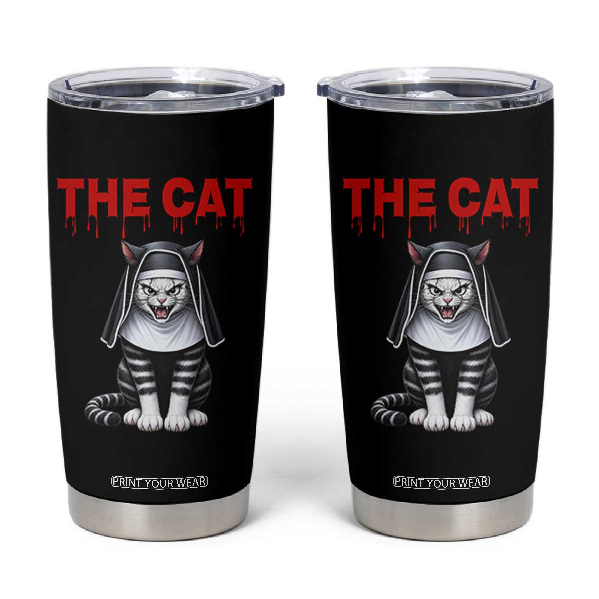 Scary Nun Cat Tumbler Cup Creepy Horror Halloween Spooky Kitty