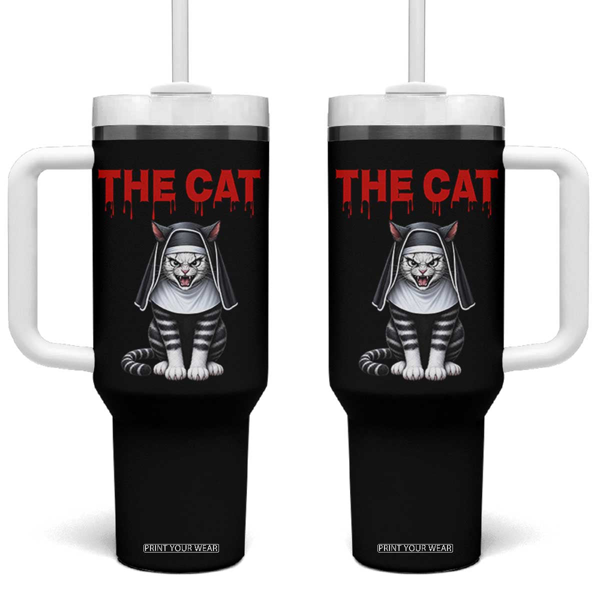 Scary Nun Cat Tumbler With Handle Creepy Horror Halloween Spooky Kitty